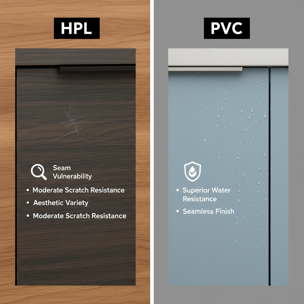 A split image or infographic contrasting HPL and PVC for kitchen sets. On the left, a section representing HPL, featuring a close-up of a sophisticated kitchen cabinet surface with a wood-grain HPL finish, showing subtle resilience to a light scratch mark and a visible, slightly vulnerable seam. On the right, a section representing PVC, showcasing a sleek, modern kitchen cabinet surface in a solid color PVC, with water droplets beading perfectly without absorption, and an icon indicating superior water resistance. Include small, clear labels for 'HPL' and 'PVC' and highlight their key characteristics like 'Aesthetic Variety, Moderate Scratch Resistance, Seam Vulnerability' for HPL and 'Superior Water Resistance, Durability, Seamless Finish' for PVC. The overall style should be clean, professional, and infographic-like, suitable for a blog post comparison.