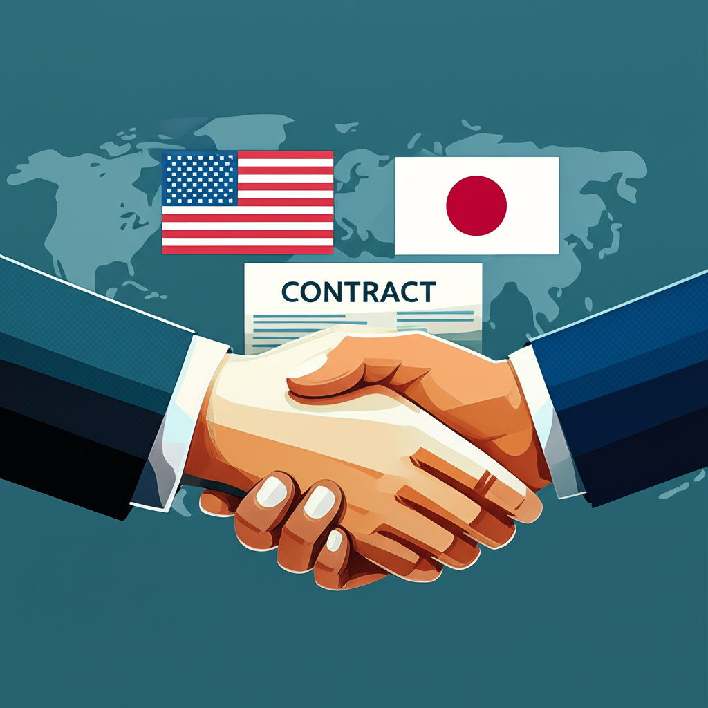 A professional vector illustration showing two hands, one from each side of a globe or world map, shaking hands over a contract document. Above the hands, two distinct national flags or legal symbols are subtly displayed, representing different chosen governing laws and jurisdictions. The overall scene should convey a strategic, deliberate decision in an international commercial contract, highlighting the complexity and importance of selecting these distinct elements for cross-border agreements. The style should be sophisticated and corporate.